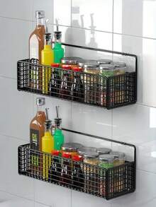 1pc Wall Mounted Storage Rack, Adhesive No Drill Organizer Basket, Multi-Function Storage Basket, Drill-Free, Hollow Design, Low Allergy Metal, Suitable For Bathroom And Kitchen Organization, Great For Shampoo, Soap And Essentials, Bathroom Organization And Storage - Multicolor - View 4