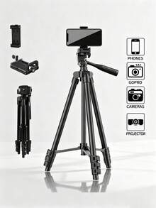 Portable Aluminum Extendable Camera & Phone Tripod Stand With Universal Mount & Pan-Tilt Head, Compatible With DSLR Cameras (Mainstream Brands),Smartphones (Apple Phones, Android Phones),GoPro,Projector, For Photography, Selfie, Live Streaming, Vlogging, Video Recording, Video Conference For Winter Vacation, Travel, Outdoor Activities, Live Streaming, Stable Recording Vacation Travlel Outdoor Activities Live Streaming Stable Recording Selfie Stick Vlogging Equipment Strong Load-Bearing - Black - View 3