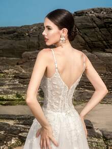 HEARBOBO 吊带复古蕾丝仙女网纱A字白色婚纱，适合毕业典礼、晚宴、订婚等场合 - 白色 - 查看 7