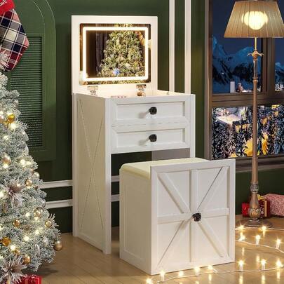Farmhouse Vanity Desk With MirrorandLights 3 In 1 Small Makeup Vanity Set With Stool Space-Saving Makeup Vanity With Storage Compartment Dressing Table For Bedroom/Cloakroom White