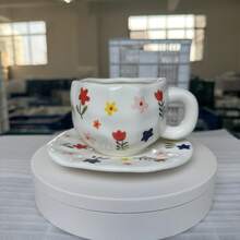 Bộ tách cà phê và đĩa sứ họa tiết hoa và sao nhiều màu sang trọng cổ điển, cốc sứ chịu nhiệt cao, cốc đựng bánh, quà tặng, sử dụng tại văn phòng và gia đình - Hoa nhỏ - Xem 7