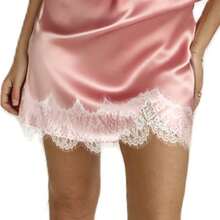 Women Half Slips Eyelash Lace Trim Satin Silk Bodycon Short Mini Skirts High Waist Patchwork Slim Fitted Underskirts Underwear Lingerie Dress - 珊瑚粉 - 查看 8