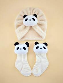 2件套婴儿冬季卡通发带帽+袜子套装，0-6个月，柔软绒面帽袜组合，保暖婴儿头饰套装 - 彩色 - 查看 2