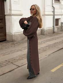Senya Women's Solid Color Deep V-Neck Lantern Sleeve Front Open Long Cardigan, Casual Daily Commute Knit Sweater Jacket, Autumn/Winter - Chocolate Brown - View 3
