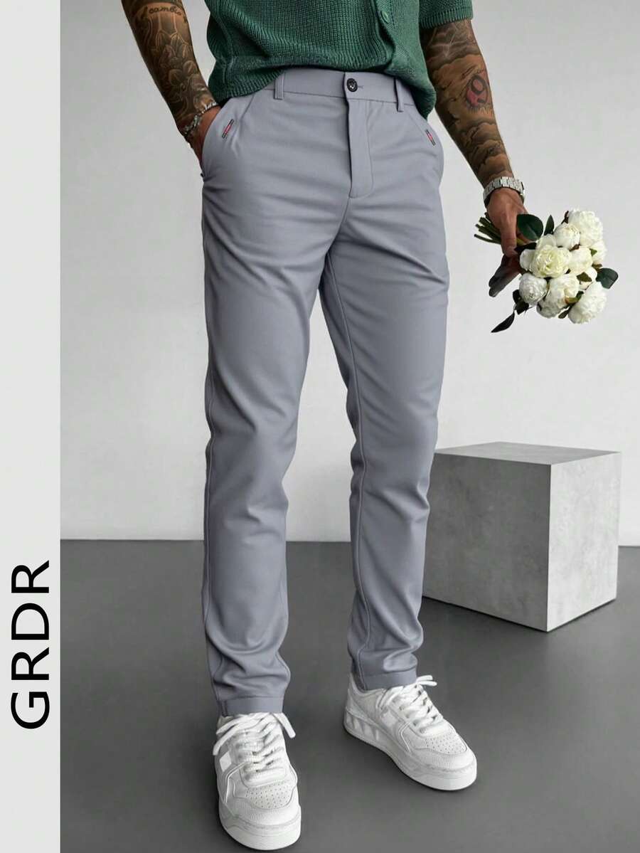 GRDR Men's Solid Color Slim Fit Casual Tapered Pants With Pockets, Suitable For Daily Commute - Light Grey - View 1