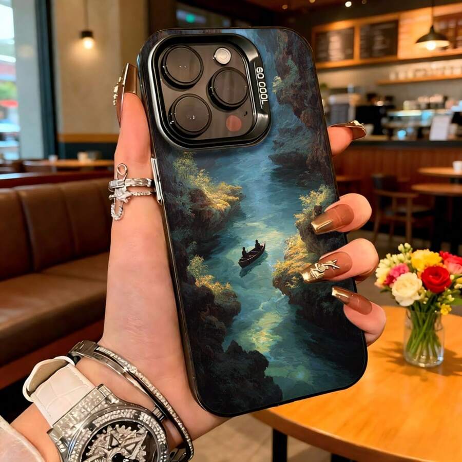 Cubierta de telefono con diseño de paisaje acuatico azul oscuro con barco y montanas para iPhone 14 Pro Max protector de pantalla resistente a golpes ideal para uso diario en cafeterias y viajes - Blanco - Ver 1