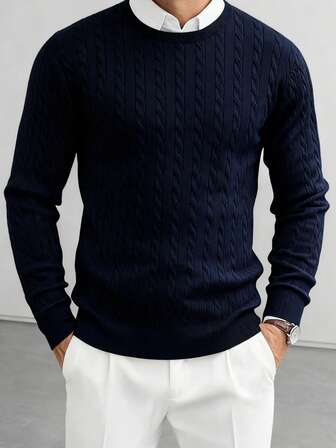 Suéter masculino casual versátil de cor sólida com gola redonda e malha torcida