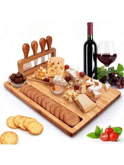 1 Set Bamboo Cheese Board With 4 Cheese Knives, Charcuterie Board And Serving Platter, Cheese Knife, Cheese Slicer, Cheese Fork, Kitchen Cooking Utensils, Bamboo Cutting Board, Wooden Cheese Tray, Kitchen Supplies, Bread Board, Chopping Board, Kitchen Bamboo Wood Cutting Board, Ramadan Gift