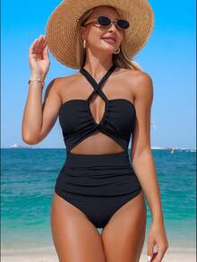 Swim Lushoire Summer Beach Solid Color Halter Neck Knotted Cutout Swimsuit - Black - View 1