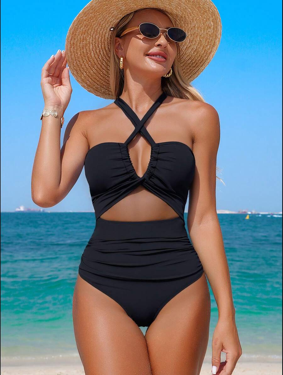 Swim Lushoire Summer Beach Solid Color Halter Neck Knotted Cutout Swimsuit - Black - View 1