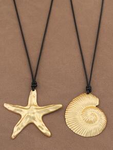 1 件时尚哑光金合金大号海星贝壳海螺吊坠航海风蜡绳项链，适合女士日常佩戴 - 金色 - 查看 1