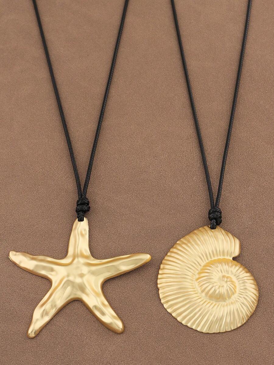 1 件时尚哑光金合金大号海星贝壳海螺吊坠航海风蜡绳项链，适合女士日常佩戴 - 金色 - 查看 1