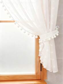1pc White Pom-Poms Embroidery Sheer Curtain- 3D Pompoms Embroidered Pattern, White Soft Linen Fabric, All In One Piece Design,Princess Style Sheer Curtain For Dining Room Bedroom Hall Way Kitchen Rod Pocket Top