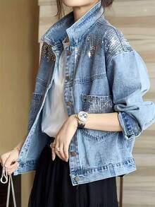 Front Button Sequin Patchwork Pocket College Style Long Sleeve Denim Jacket - Blue - View 1