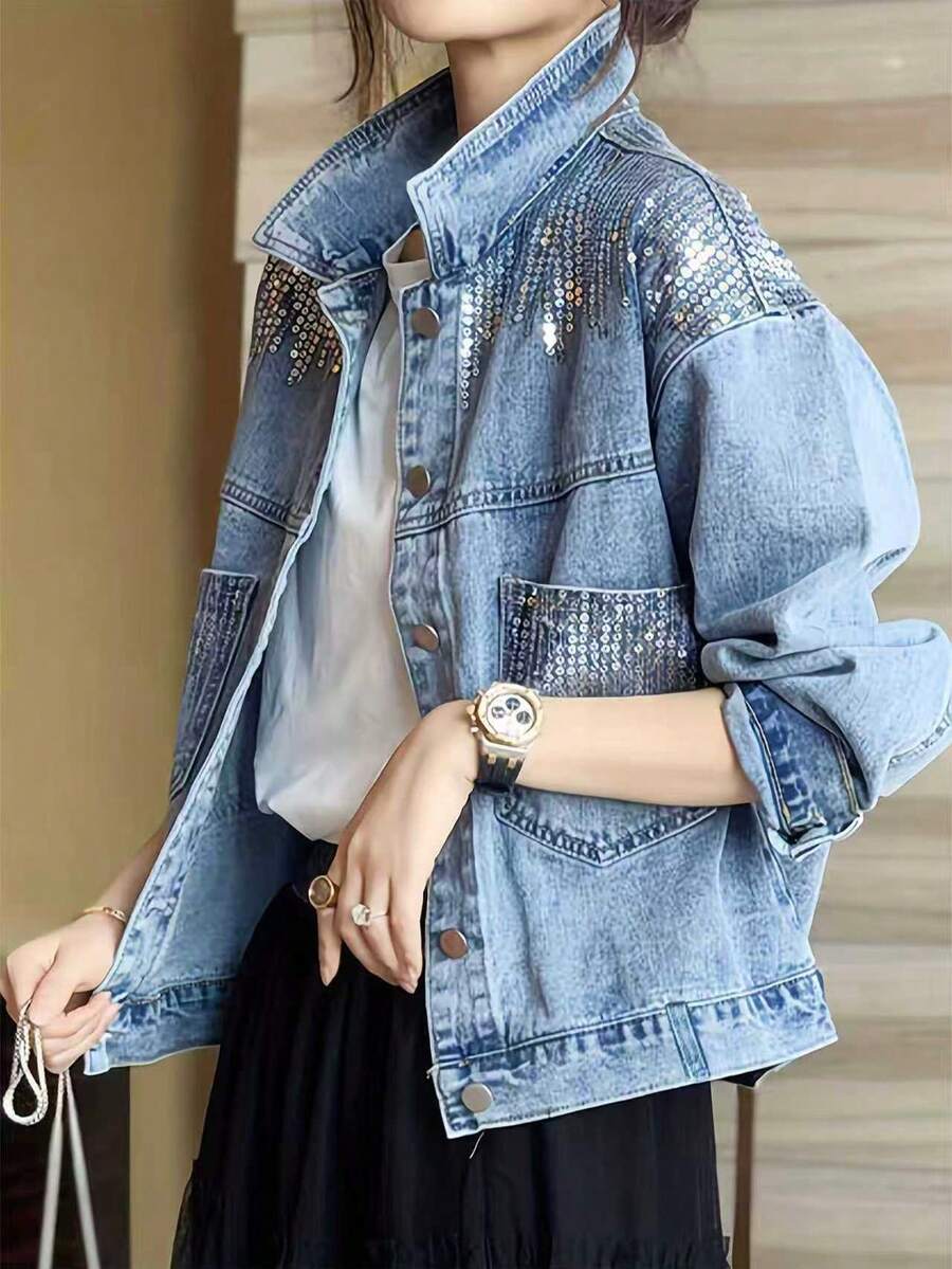 Front Button Sequin Patchwork Pocket College Style Long Sleeve Denim Jacket - Blue - View 1