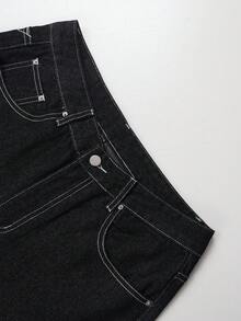 时尚街头嘻哈蜘蛛网刺绣直筒宽松阔腿男士牛仔裤 - 黑色 - 查看 6