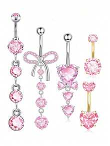 5 件银色和粉色心形、泪珠形、蝴蝶形 316L 不锈钢肚脐穿孔首饰套装，欧式风格，适合日常佩戴