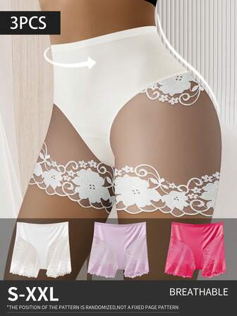 3pcs Women High Waist Lace Print Briefs, Comfortable Fit, Anti-Chafing Safety Shorts, Great Gift Choice