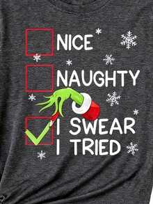 Nice Naughty I Tried Graphic Funny Christmas Crew Neck Short Sleeve T-Shirt, Casual Women Clothes For Fall And Winter