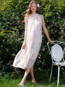 Vestido de mujer con estampado floral aleatorio de hombros descubiertos - Beis - Ver 2