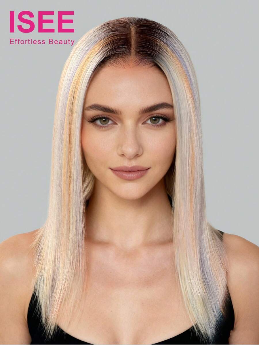 ISEE Hair Straight Wear Go Glueless Transparent Lace Wigs 6*4 Lace Closure Wigs 10-14 Bob Inch 180% Density Silver Highlight Unprocessed Human Hair Natural Hairline Top Quality Stylish Wig Beginners