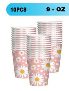 10pcs Daisy Birthday Party Tableware Set, Pink Daisy Flower Supplies Including Daisy Plate And Napkin Cup Retro Theme Hippie Girl Birthday Baby Shower Wedding Supplies - Multicolor - View 6