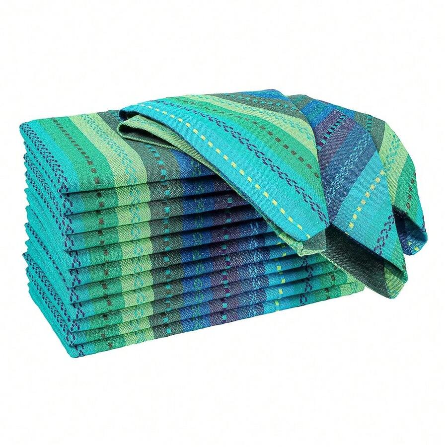 Ramanta Home 1OO% Cotton Dinner Napkin 12-Pack Of Salsa Stripe Oversized 20x20 Inch Best For Cocktail And Everyday Use Mitered Corners & Generous Hem - Teal Multi,20x20SalsaNapkin,TealMulti - 青色 - 查看 1