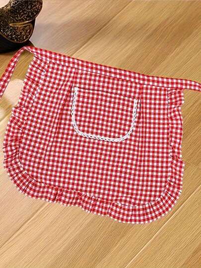 1PC Mini Half-Length Apron Is A One-Piece Set.Polyester Apron For Women,It'S Convenient To Use, Has A Pretty Checkered Pattern, And Is Suitable For Cooking, Painting, Watering Plants, Office Work, Etc, Kitchen Supplies