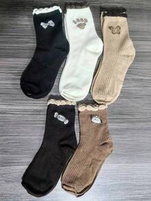 5 Pairs Butterfly Lace Trim Mid-Calf Socks For Women, Fashionable & Versatile - Multicolor - View 7
