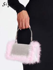 Elegante bolso de mano con decoración de plumas y cristales de estilo francés, cartera brillante para boda, fiesta y de alta gama - Rosa - Ver 1