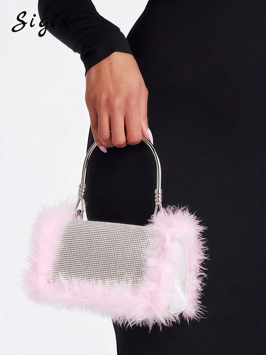 Elegante bolso de mano con decoración de plumas y cristales de estilo francés, cartera brillante para boda, fiesta y de alta gama - Rosa - Ver 1