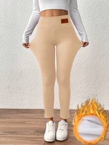 High Waist Thermal Lined Thick Elastic Leggings, Slimming & Warm - Apricot - View 4