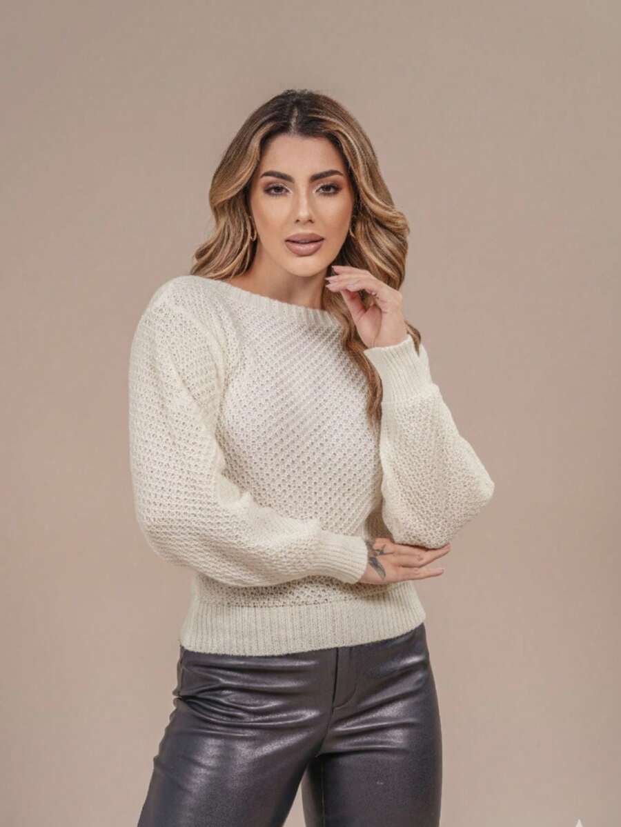 Women's Premium Textured Modal Knit Blouse With Round Neck And Long Sleeves For Winter - 離開 - 查看 1