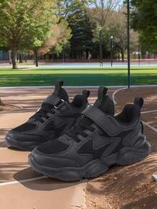 1 Pair ' Casual Sneakers, Solid Color, Odor-Resistant, Breathable Mesh, Low-Top, Hook & Loop Closure, Street & School Style, Unisex, Lightweight, EVA Cushioned Sole, Outdoor Running Shoes - Black - View 3