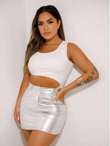 Women's Silver Metallic Skirt With Zipper And Button Fashion Casual Blogger - Silver - View 7