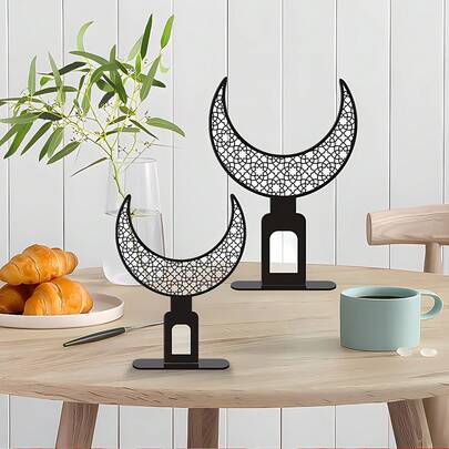 1pc Acrylic Arabic Style Crescent Moon Tabletop Decor, Islamic Themed Home Decor, Black Printed Moon Shape Ornament For Study, Dining Room, Office Desk, Suitable For Home Decor, Festivals, Birthdays, Auspicious Days Gifts