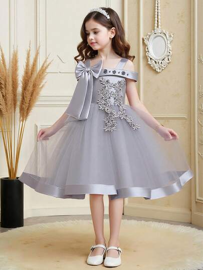 Sleeveless Floral Bow Mesh Elegant Dress For Girls, Suitable For Birthday Party, Excluding Headband