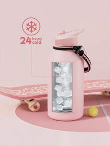 64盎司/1.9升半加仑保温水瓶，带吸管盖 - 加厚不锈钢真空保温水壶，大容量运动水瓶，带提手/肩带，防漏双层壁设计，保温/保冷，是健身、徒步、旅行和上学的理想之选 - 粉色 - 查看 6