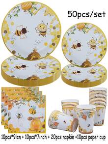 The Bee-Themed Disposable Tableware Set Includes 9-Inch And 7-Inch Paper Cups And Napkins. It Is Suitable For Various Occasions Such As Clubs, Parties, Picnics, Weddings, Family Dinners, And Party Supplies. It Is Suitable For Both Kitchen And Restaurant Decoration, As Well As Party Decoration. Reception Paper Plates Are Disposable Tableware. Wedding And Party, Design. - Multicolor - View 6