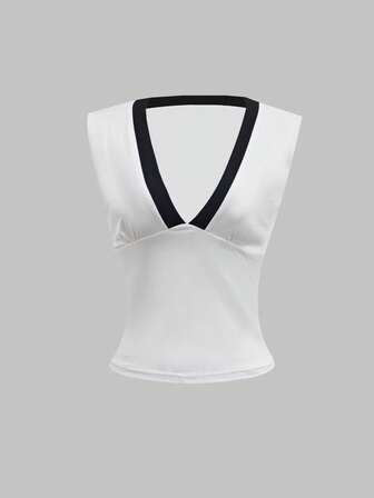Simple Casual Black And White Collision V-Neck Short Sleeve Fitted Women T-Shirt,Fashionable For Summer