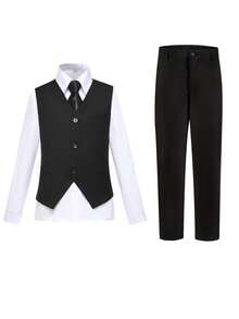 男童四件套西装，幼儿礼服套装，花童礼服，婚礼马甲、裤子、衬衫、领带，儿童正式西装，黑色，尺码 6-16 岁