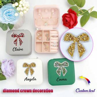 Custom Portable Jewelry Box With Diamond Bows, Multiple Styles, Custom Name, Mini Rings, Necklaces, Earrings Storage Organizer For Women, Soft Imitation Leather Lining, Perfect For Travel, Bedroom, Beach, Etc., Travel Jewelry Storage Box | Zippered Storage Box, Jewelry Box, Valentine's Day Gifts, Girlfriend Gifts, Bridesmaid Gifts, Christmas Gifts