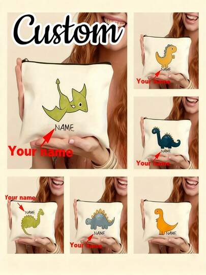 Customizable Name Dinosaur World Cartoon Dinosaur Printing Large Capacity Zipper Makeup Bag - White Travel Toiletries Storage Bag, Pencil Case, Gift Bag, Friends, Family, Teachers - Perfect Holiday Wedding Gift, Dinosaur Party Decoration, Study Supplies, Playful Design, Sturdy Structure, Family Gift