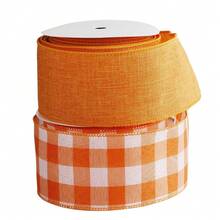 Buffalo Plaid Burlap Wired Ribbon, Tartan Check, Farmhouse Style, For Gift Wrapping, Christmas, Wedding Decorations (Orange/Solid/Check, 2.5 Inch),2.5Inch,Orange/Solid/Check - 橙色/純色/格子 - 查看 2