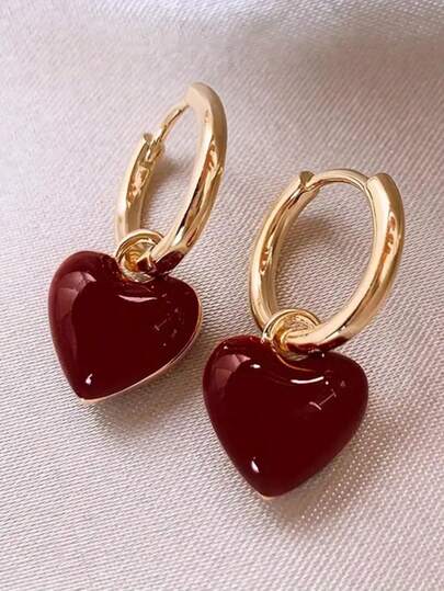 1 Pair Burgundy Heart-Shaped Earrings, Vintage Fashionable Delicate Versatile Heart Festive New Year Earrings