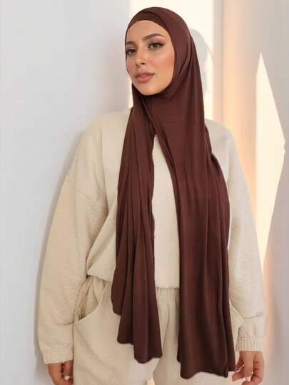 1 件女士纯色舒适弹力围巾头巾，时尚简约，方便，适合所有季节的 Abaya 日常帽子面纱服装