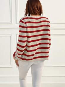 Áo len cardigan cổ tròn tay dài màu tương phản thanh lịch dành cho nữ, áo dài tay màu đen và trắng cài nút phía trước - Đỏ - Xem 5