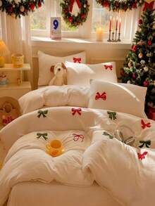 Cut Bow Embroidery Christmas Decorations For The Bedroom Duvet Cover Set, White Bedding Set 3pcs,Including 1 Duvet Cover And 2 Pillowcases, Ultra Soft Breathable Chic Comforter Cover