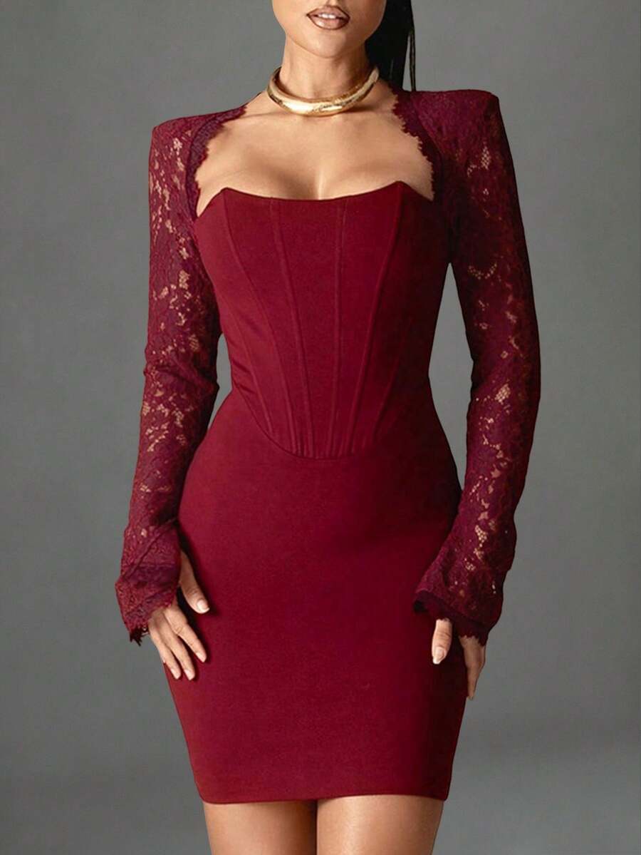 情人节女士时尚迷你紧身连衣裙露背秋冬长袖蕾丝连衣裙红色优雅婚礼晚宴鸡尾酒会礼服性感服装