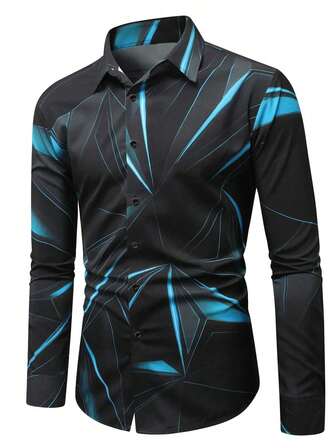 男士大码几何图案长袖休闲衬衫